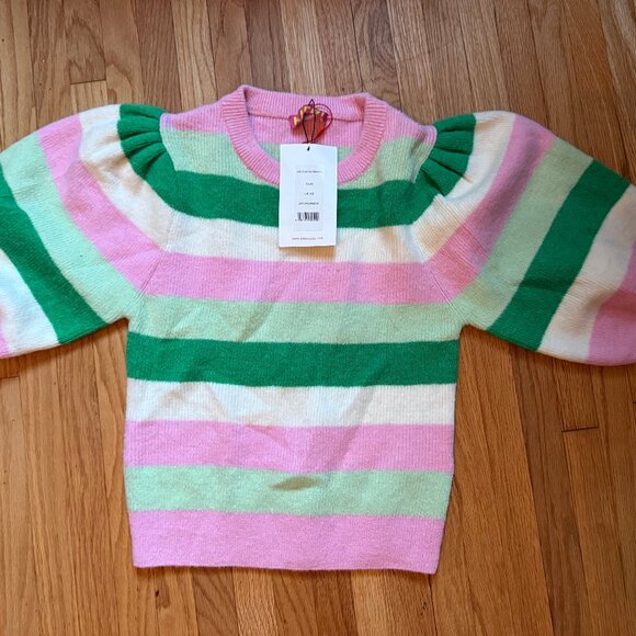 Kitri reformation anthropologie horizontal stripe puff sleeve sweater green pink - Picture 1 of 1